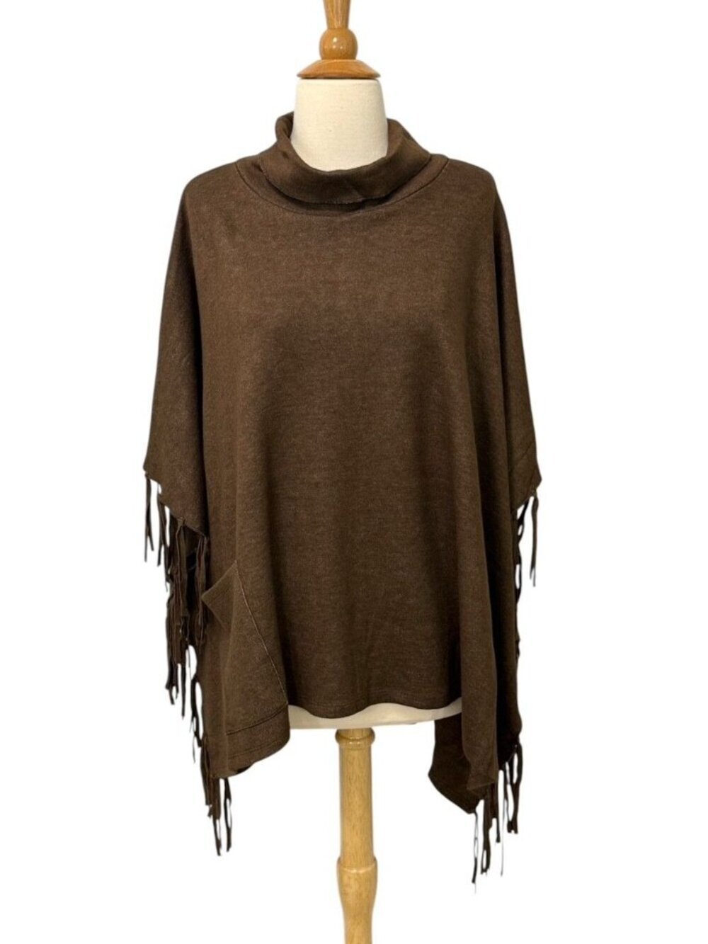 Back in the Saddle Bluff Trail Turtleneck Fringed Poncho Armholes Pocket One Sz - Picture 11 of 11